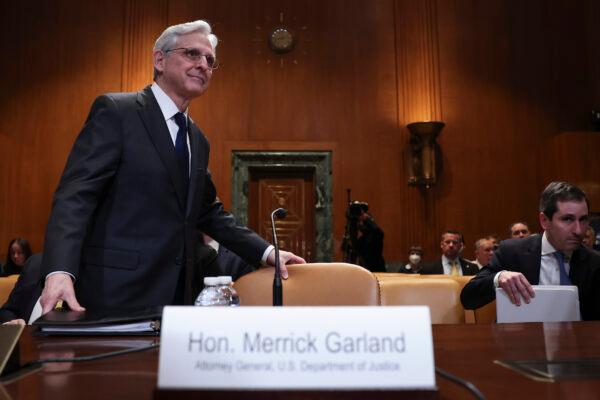 U.S. Attorney General Merrick Garland arrives for testimony before the Senate Appropriations Subcommittee on Commerce, Justice, Science, and Related Agencies in Washington on March 28, 2023. (Win McNamee/Getty Images)