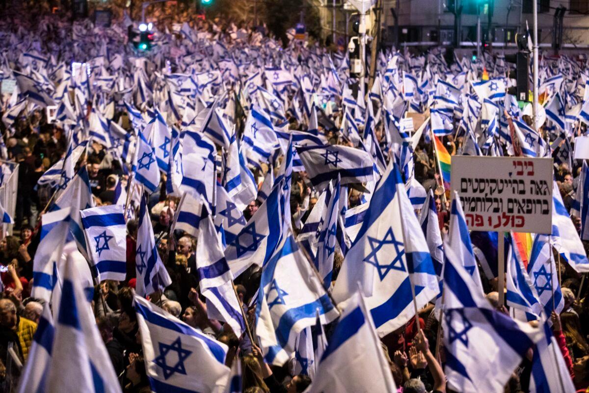 Tens of thousands of Israelis attend a massive protest against the government's judicial overhaul plan, in Tel Aviv, Israel, on March 11, 2023. (Photo by Amir Levy/Getty Images)