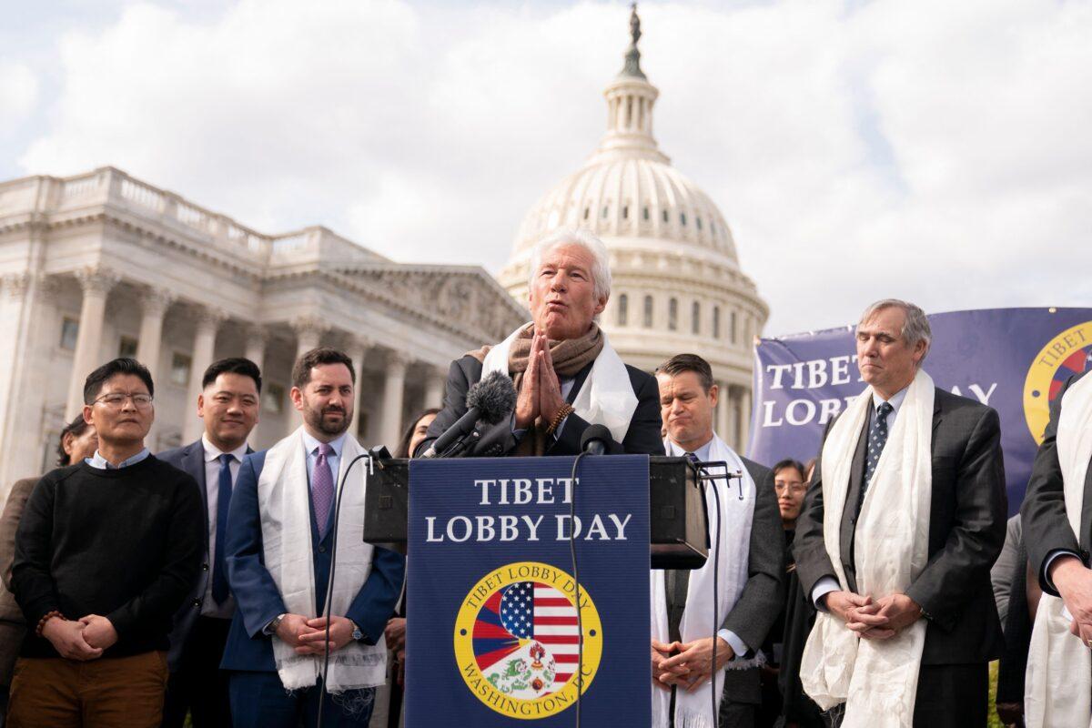 U.S. actor and Chair of the International Campaign for Tibet Richard Gere (C) speaks at a bipartisan press conference to highlight the important plight of the Tibetans, on Capitol Hill on March 28, 2023. (Stefani Reynolds/AFP via Getty Images)