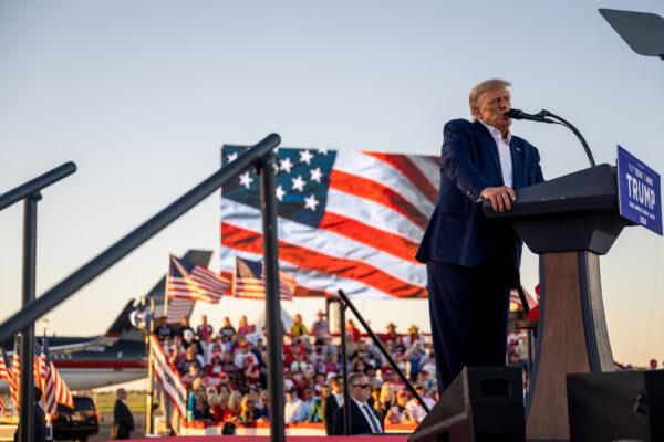 Former U.S. President Donald Trump speaks during a rally at the Waco Regional Airport in Waco, Texas, on March 25, 2023. (Brandon Bell/Getty Images)