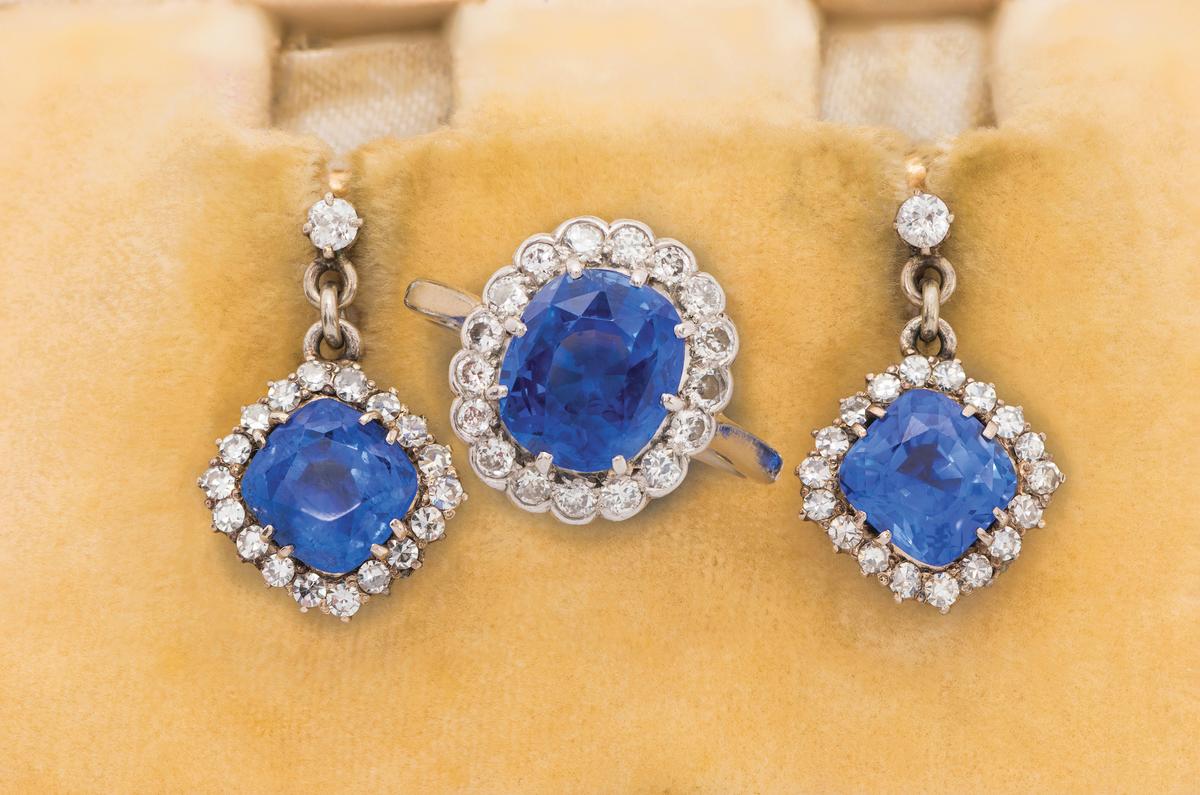 A diamond and sapphire ring and a pair of diamond and sapphire earrings sold for a sum of 17,800 pounds at auction on March 27, 2023. (Courtesy of <a href="https://www.richardwinterton.co.uk/">Richard Winterton Auctioneers</a>)