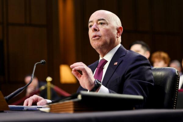 Secretary of Homeland Security Alejandro Mayorkas testifies before the Senate Homeland Security and Governmental Affairs Committee in Washington on March 28, 2023. (Kevin Dietsch/Getty Images)