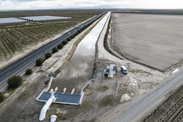 The primary pump seen in the foreground is an element of a groundwater recharge project in Fresno County on March 13, 2023. (Andrew Innerarity/California Department of Water Resources via AP)