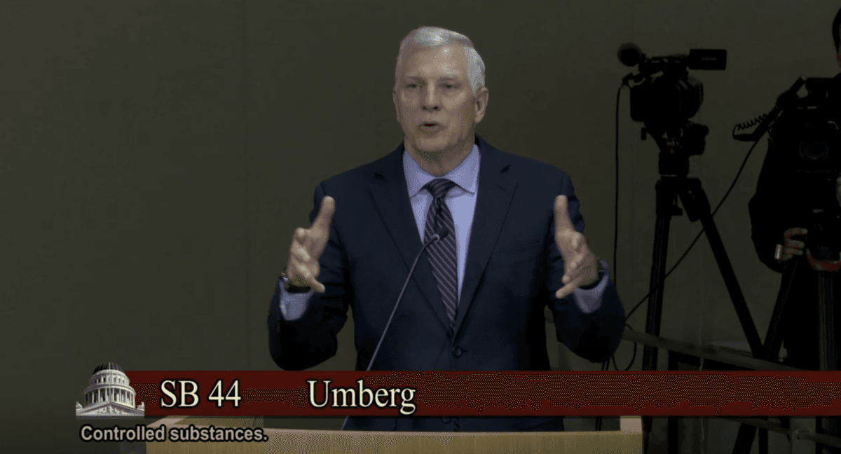 State Sen. Tom Umberg (D-Santa Ana) speaks at a Public Safety Committee hearing in Sacramento on March 28, 2023. (Screenshot via California State Senate)