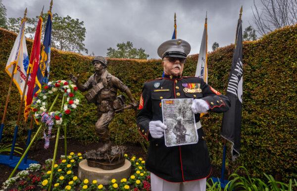 A Vietnam War veteran with the U.S. Marine Corps stands in front of the Vietnam Veterans Monument at the Richard Nixon Presidential Library and Museum in Yorba Linda, Calif., on March 29, 2023. (John Fredricks/The Epoch Times)