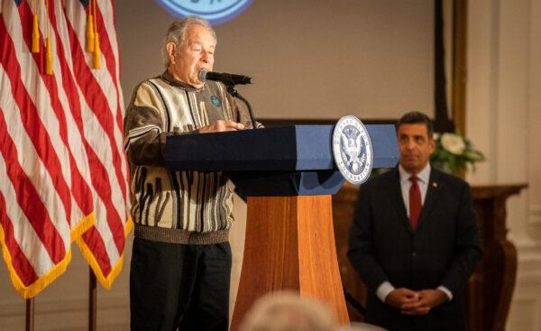 Ron Pekar, the sculptor of the Vietnam Veterans Monument, speaks at the Richard Nixon Presidential Library and Museum in Yorba Linda, Calif., on March 29, 2023. (John Fredricks/The Epoch Times)