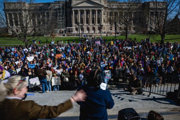 Opponents and supporters of transgender bill SB 150 rally at the Kentucky State Capitol in Frankfort on March 29, 2023. (Jon Cherry/Getty Images)