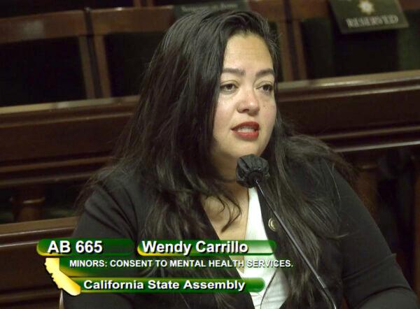 Assemblymember Wendy Carrillo, D-Los Angeles, speaks in the California State Assembly on March 28, 2023. (Screenshot via The Epoch Times)