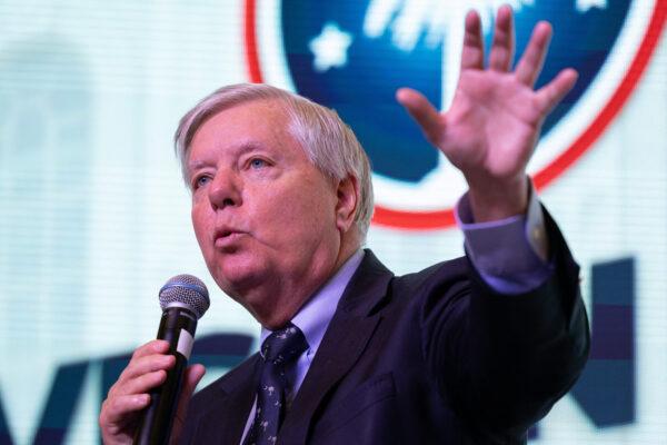 Sen. Lindsey Graham (R-S.C.) speaks during the Vision 2024 National Conservative Forum at the Charleston Area Convention Center in Charleston, S.C., on March 18, 2023. (Logan Cyrus/AFP via Getty Images)