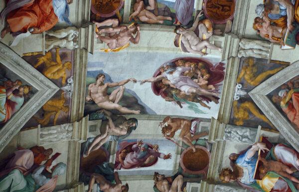 Part of the artwork of Michelangelo that adorns the ceiling of the Sistine Chapel at the Vatican, Italy. (FotoPress via Getty Images)