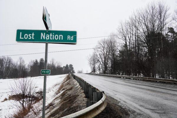 The Vermont highway leading into New Hampshire passed a road with a poignant name on March 23, 2023. (Allan Stein/The Epoch Times)