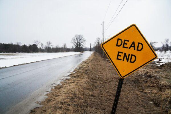 Roxham Road, a dead end road, leads to the U.S.-Canada port of entry outside of Champlain, N.Y., on March 23, 2023. (Allan Stein/The Epoch Times)