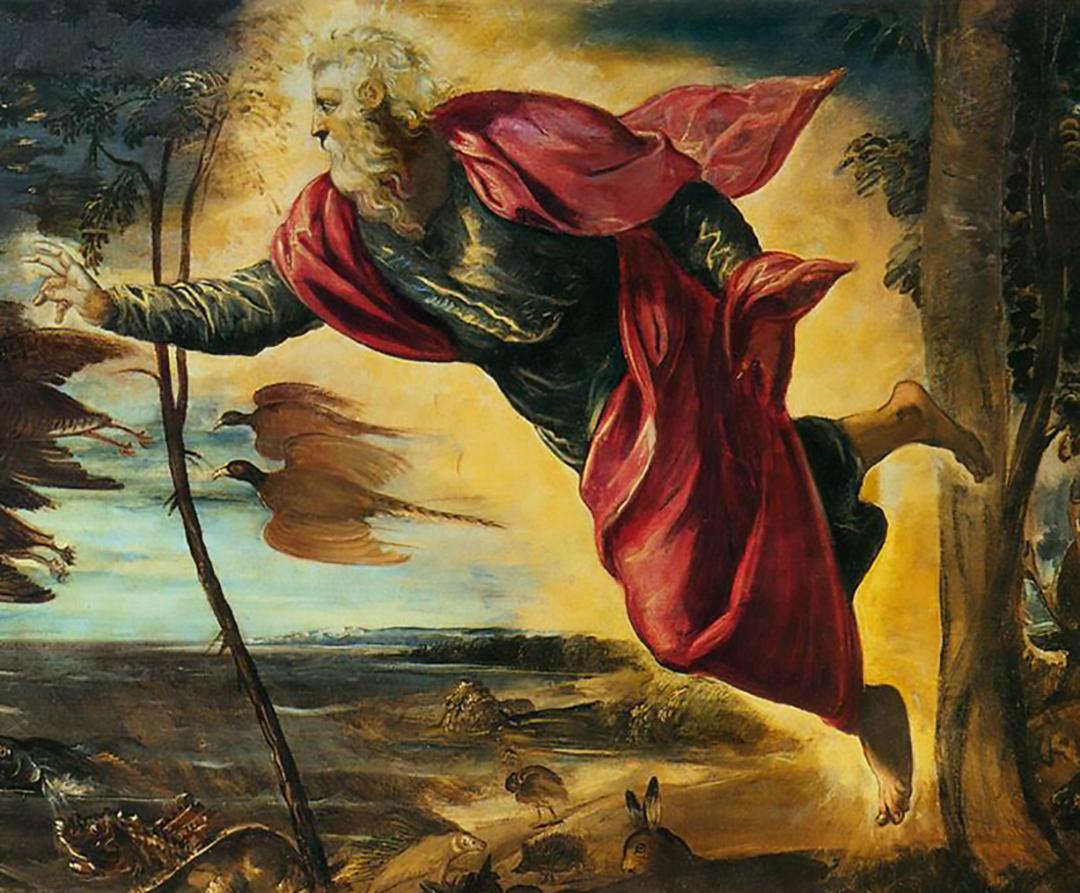 The figure of the Divine Creator resembles Michelangelo's depiction of God on the Sistine Chapel's ceiling. Detail of "Creation of the Animals," 1550–1553, by Tintoretto. Oil on canvas, 5 feet by 8 1/2 feet. Academic Gallery, Venice. (Public Domain)