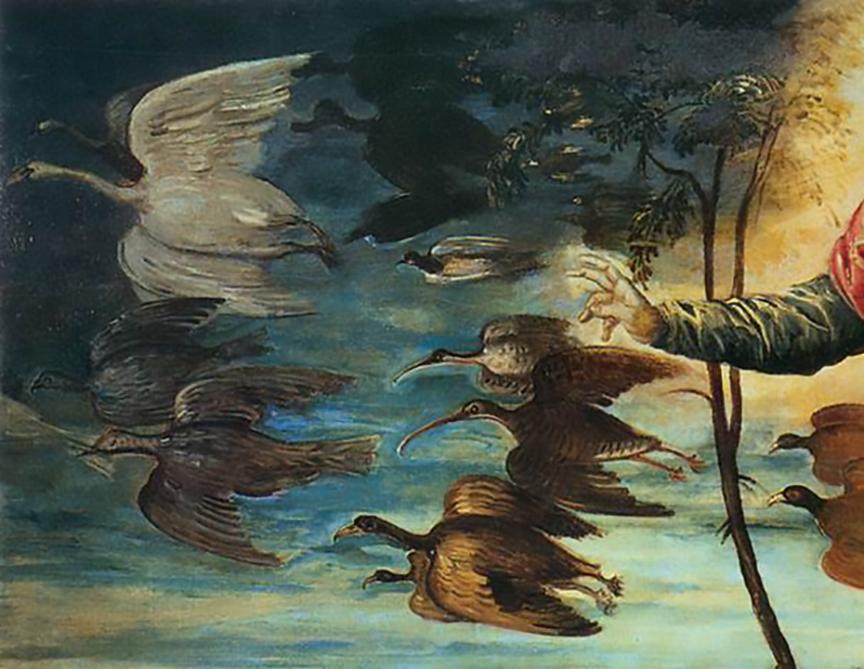 Many species of birds fly off as they are immediately created in this detail of "Creation of the Animals," 1550–1553, by Tintoretto. Oil on canvas, 5 feet by 8 1/2 feet. Academic Gallery, Venice. (Public Domain)