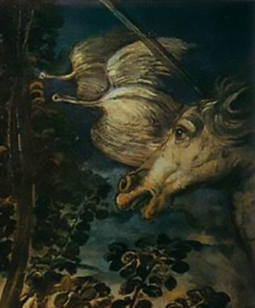 The artist included a unicorn in his painting of the Genesis story. Detail of "Creation of the Animals," 1550–1553, by Tintoretto. Oil on canvas, 5 feet by 8 1/2 feet. Academic Gallery, Venice. (Public Domain)