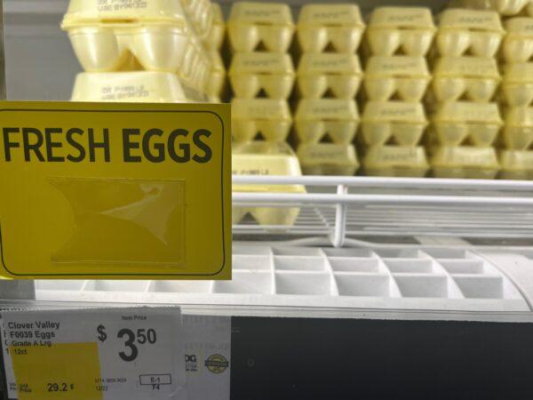 Though the price for a dozen eggs has topped $8 elsewhere, a Dollar General in North Central Florida had them for $3.50 on March 30, 2023. (Nanette Holt/The Epoch Times)