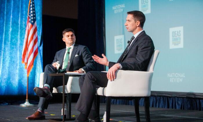 Sen. Tom Cotton (R-Ark.) and Mark Wright speak at the National Review Institute's Ideas Summit on March 30, 2023. (Courtesy of NRI)