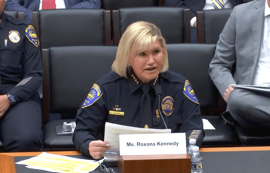 Police Chief Roxana Kennedy of Chula Vista, Calif., testifies to a Congressional subcommittee about drone use in law enforcement on March 30, 2023. (Janice Hisle/The Epoch Times via screenshot of live video)