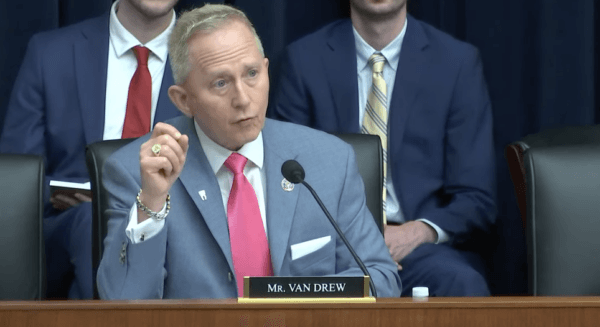 U.S. Rep. Jeff Van Drew (R-N.J.) makes a point during an Aviation Subcommittee hearing in the U.S. House of Representatives, on March 30, 2023. (Janice Hisle/The Epoch Times via screenshot of live video)