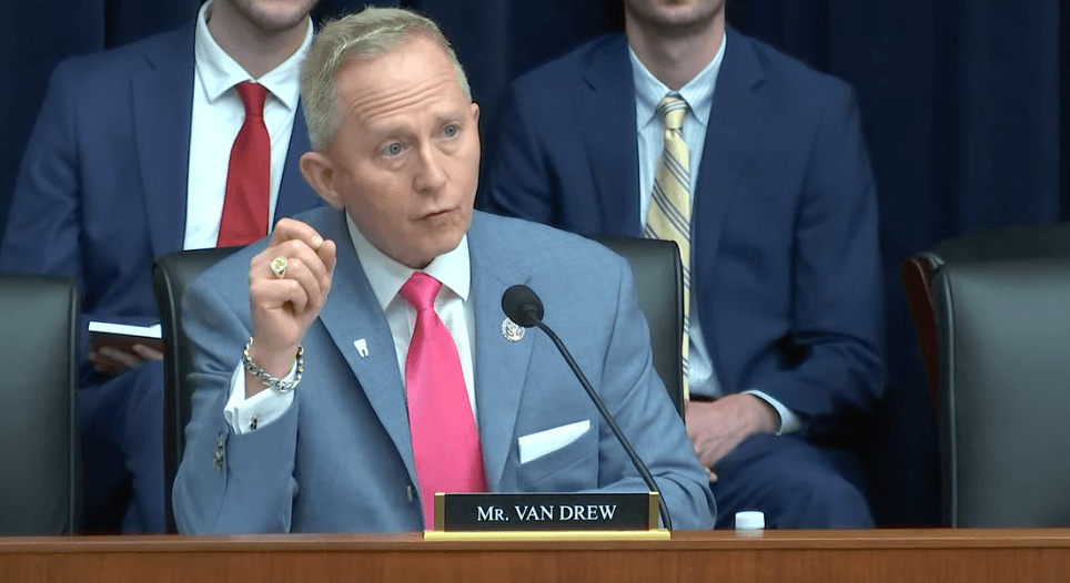 U.S. Rep. Jeff Van Drew (R-N.J.) makes a point during an Aviation Subcommittee hearing in the U.S. House of Representatives on March 30, 2023. (Janice Hisle/The Epoch Times via screenshot of live video)