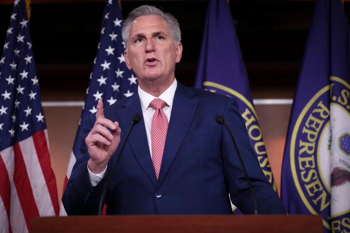 Rep. Kevin McCarthy (R-Calif.) answers questions during a press conference at the U.S. Capitol in Washington, on July 29, 2022. (Win McNamee/Getty Images)
