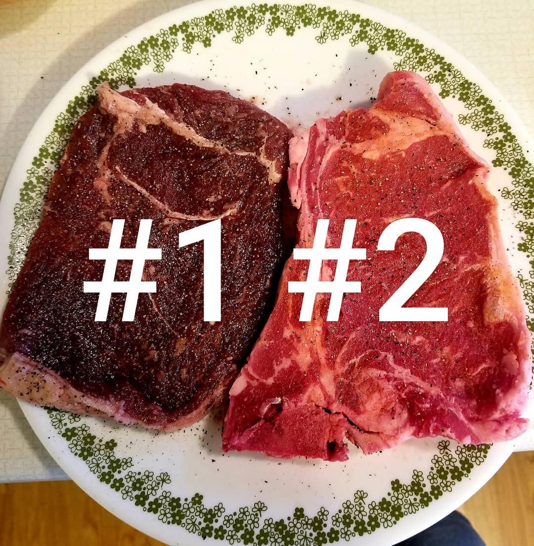 The beef marked as #1 is grass-fed, while #2 is from the supermarket. (Courtesy of <a href="https://www.instagram.com/naturespantryfarm/">Nature's Pantry Farm</a>)