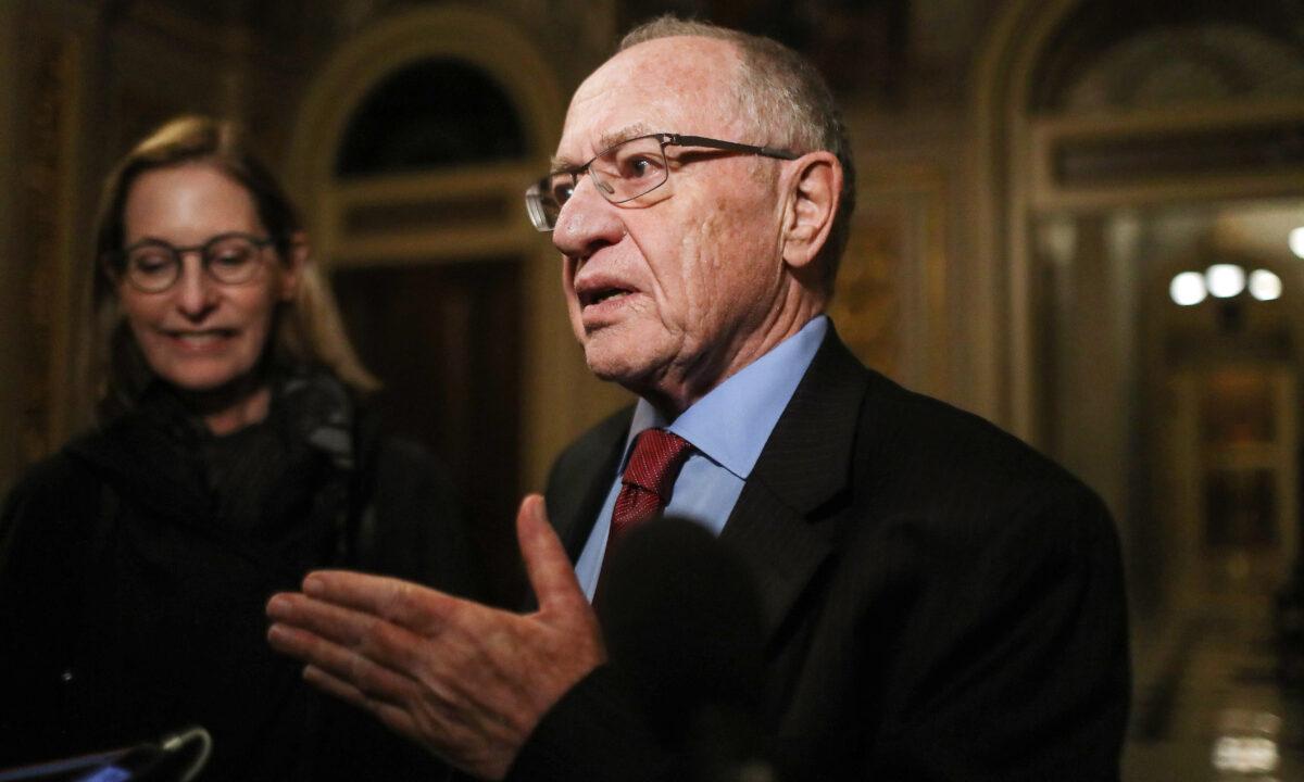 Attorney Alan Dershowitz, then member of President Donald Trump's legal team, speaks to the press in the Senate Reception Room during the Senate impeachment trial at the Capitol in Washington on Jan. 29, 2020. (Mario Tama/Getty Images)