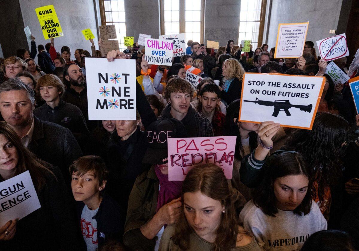 Protesters gather inside the Tennessee State Capitol to call for an end to gun violence and support stronger gun laws, in Nashville, Tenn., on March 30, 2023. (Seth Herald/Getty Images)
