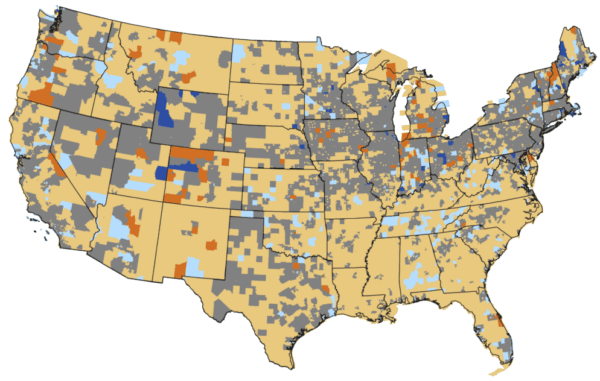 A federal map shows the country’s access to doctors; yellow areas are considered “medically underserved.” (Courtesy of the Health Resources & Services Administration)