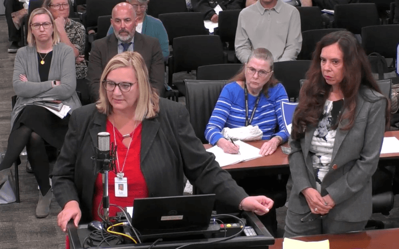 Sara Jocham (front L), the assistant superintendent of student support services, and Kerrie Torres (front R), the assistant superintendent of secondary education, at the Newport-Mesa Unified School District board meeting in Costa Mesa, Calif., on March 28, 2023. (Screenshot via Newport-Mesa Unified School District)