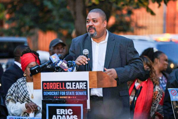 District attorney candidate Alvin Bragg speaks during a Get Out the Vote rally at A. Philip Randolph Square in Harlem in New York City on Nov. 1, 2021. (Michael M. Santiago/Getty Images)