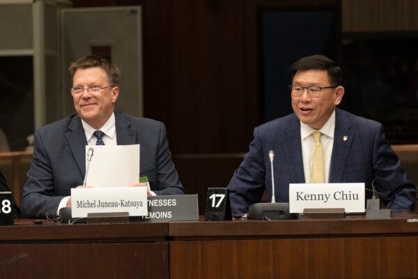 Former Conservative MP Kenny Chiu (R) and Michel Juneau-Katsuya, a former senior manager with the CSIS, appear before the Standing Committee on Access to Information, Privacy, and Ethics about foreign interference on March 31, 2023 in Ottawa. (Adrian Wyld/The Canadian Press)