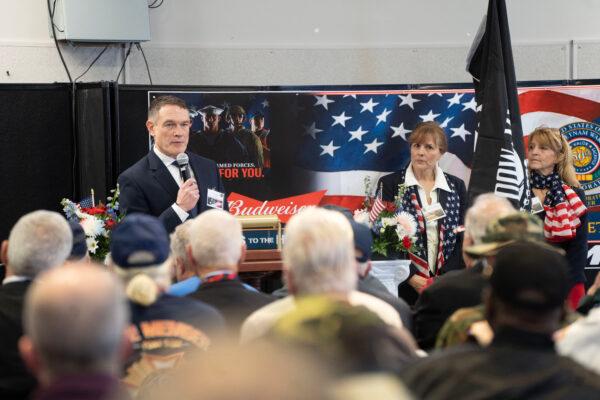 Orange County Veterans Services Director Christian Farrell speaks at an event honoring Vietnam War veterans in Newburgh, N.Y., on April 1, 2023. (Cara Ding/The Epoch Times)