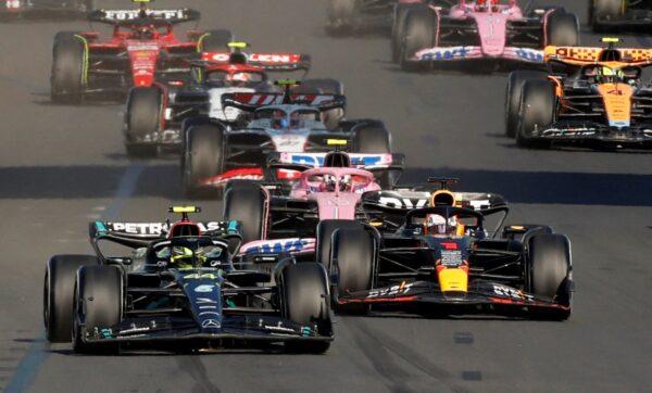 Mercedes's Lewis Hamilton and Red Bull's Max Verstappen in action during the Formula One Australian Grand Prix in Melbourne, Australia, on April 2, 2023. (Darrian Traynor/Reuters)