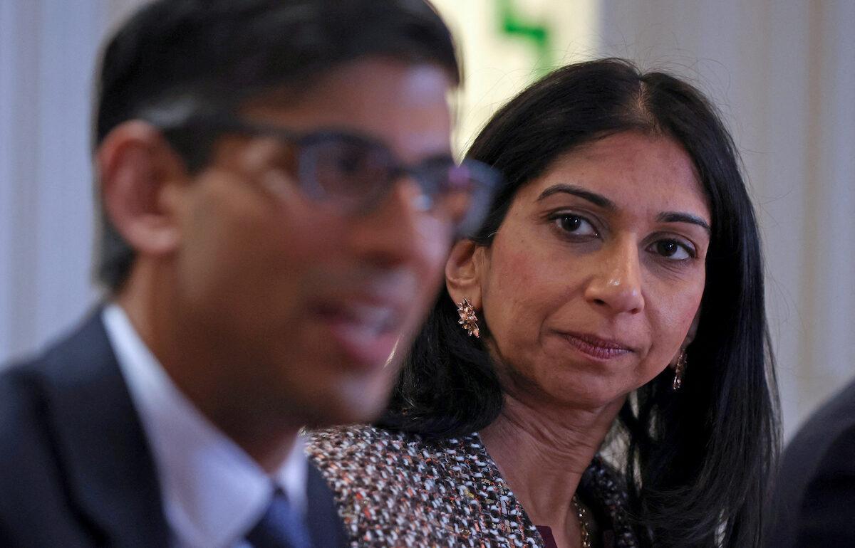 Prime Minister Rishi Sunak and Home Secretary Suella Braverman during a visit to a hotel in Rochdale, Greater Manchester, on April 3, 2023. They attended a meeting of the Grooming Gangs Taskforce. (PA Media)