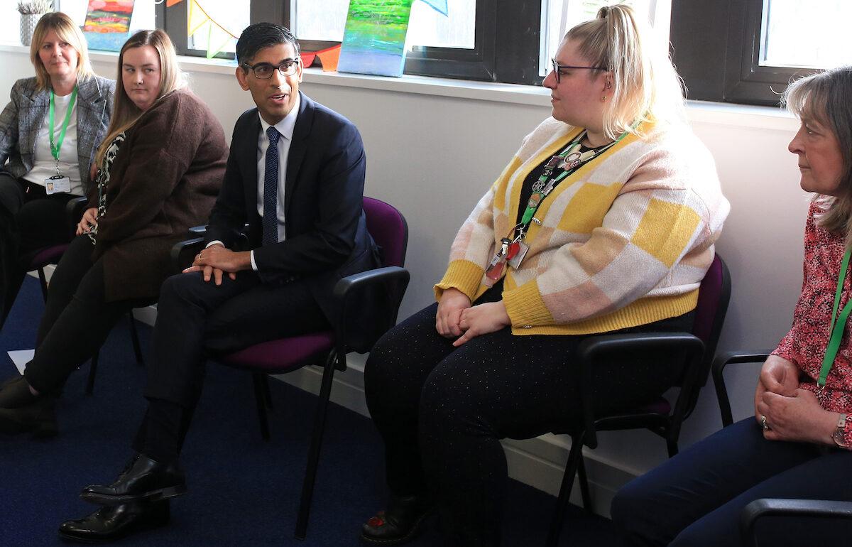 Prime Minister Rishi Sunak during a visit to the offices of the National Society for the Prevention of Cruelty to Children (NSPCC) in Leeds, Yorkshire, on April 3, 2023. (PA Media)