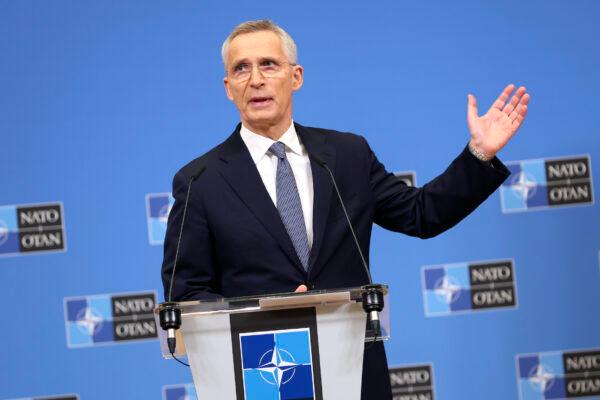 NATO Secretary-General Jens Stoltenberg speaks during a press conference ahead of a meeting of NATO foreign ministers, at NATO headquarters in Brussels on April 3, 2023. (Geert Vanden Wijngaert/AP Photo)