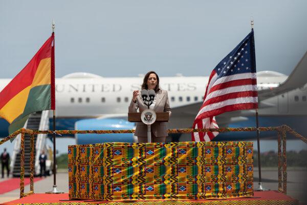 U.S. Vice President Kamala Harris delivers a speech at the Kotoka International Airport on March 26, 2023, in Accra, Ghana. (Ernest Ankomah/Getty Images)