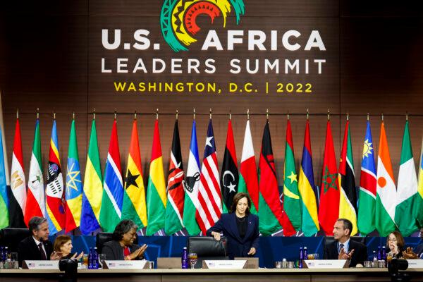 Vice President Kamala Harris arrives to speak at a working lunch at the U.S.–Africa Leaders Summit on Dec. 15, 2022, in Washington. (Anna Moneymaker/Getty Images)