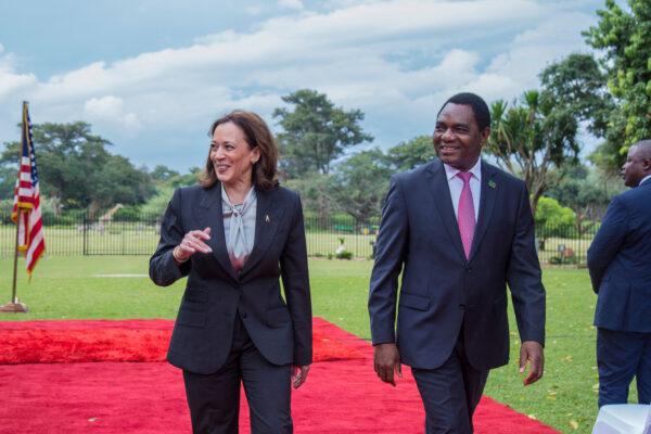 U.S. Vice President Kamala Harris (L) and Zambian President Hakainde Hichilema (R) are seen at the State House in Lusaka, Zambia, on March 31, 2023. (Salim Dawood/AFP via Getty Images)