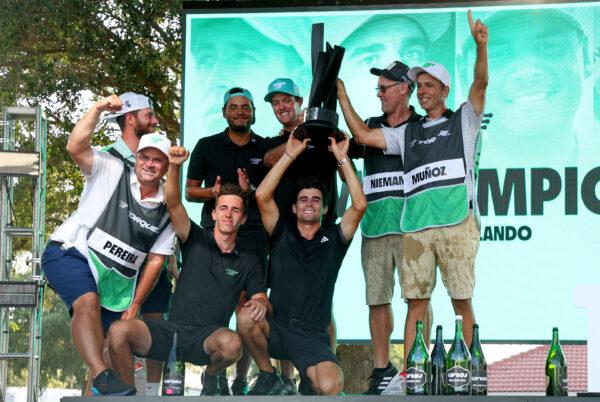 Sebastian Munoz, Mito Pereira, Joaquin Niemann,and David Puig of Torgue GCcelebrate winning the team event at the LIV Golf Invitational—Orlando at The Orange County National in Orlando, Fla., on April 2, 2023. (Mike Ehrmann/Getty Images)