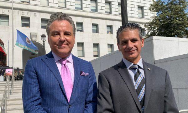Los Angeles County Deputy District Attorney Jon Hatami (R) and attorney Brian Claypool (L) at a press conference in front of the Hall of Justice in downtown Los Angeles on Sept. 8, 2021. (Linda Jiang/The Epoch Times)