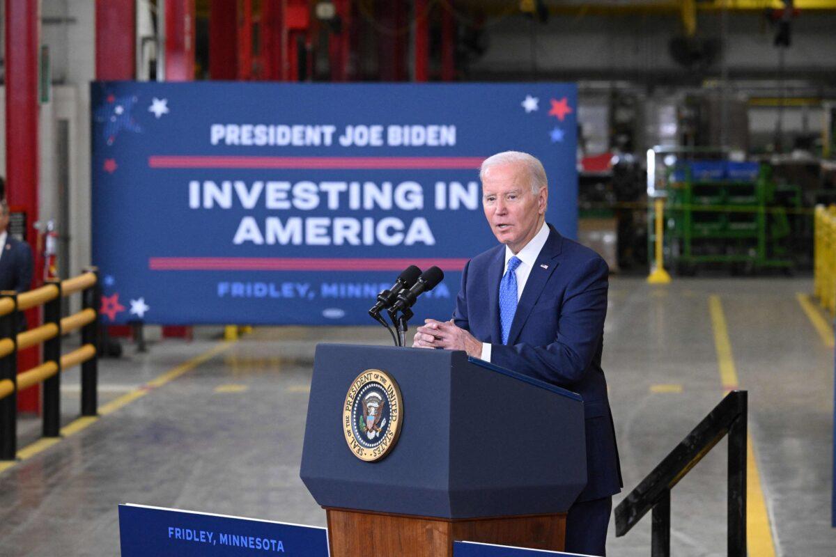 President Joe Biden delivers remarks at the Cummins Power Generation Facility in Fridley, Minn., on April 3, 2023. (Mandel Ngan/AFP via Getty Images)