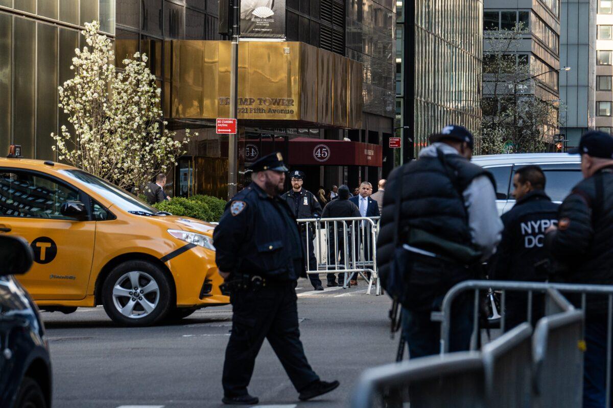 Police near Trump Tower in New York City on April 3, 2023. Former President Donald Trump is scheduled for an arraignment on April 4 at Manhattan Supreme Court following his indictment by a grand jury on March 30, 2023. (Samira Bouaou/The Epoch Times)