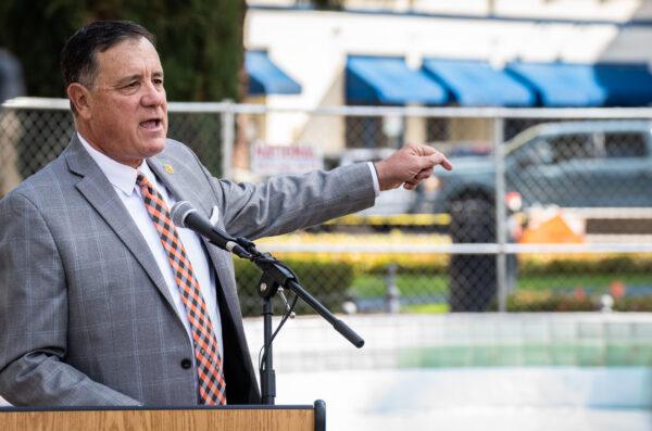 Orange County Supervisor Don Wagner discusses upcoming repairs for the damaged historic fountain at Plaza Park in Orange, Calif., on March 30, 2023. (John Fredricks/The Epoch Times)
