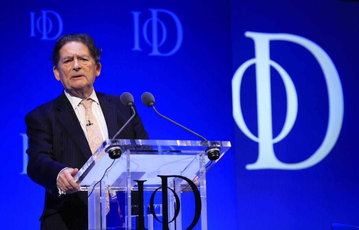 Nigel Lawson speaking at the Institute of Directors convention at the Royal Albert Hall, London, during a debate on the future of the European Union on Oct. 6, 2015. The Conservative former chancellor has died at the age of 91. (PA)