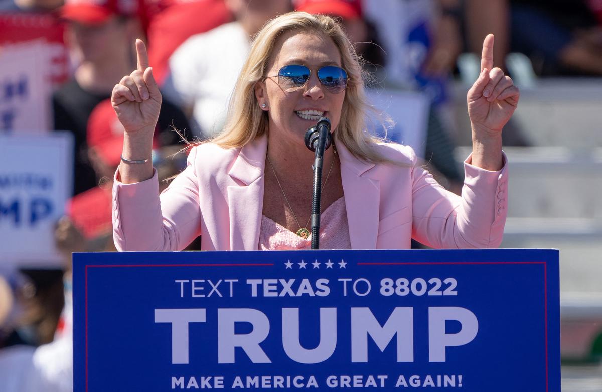 Rep. Marjorie Taylor Greene (R-Ga.) speaks at a 2024 campaign rally for former President Donald Trump in Waco, Texas, on March 25, 2023. (Suzanne Cordeiro/AFP via Getty Images)