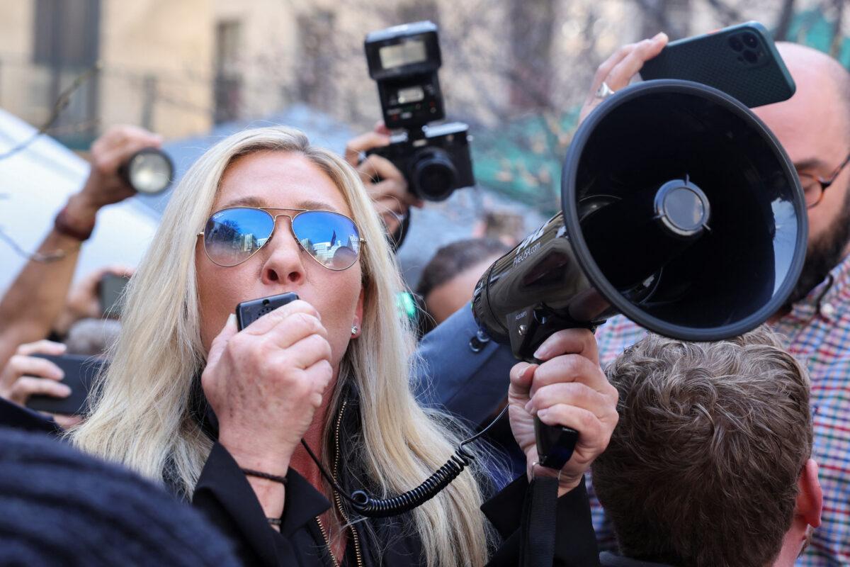 Rep. Marjorie Taylor Greene (R-Ga.) speaks outside the Manhattan Criminal Courthouse on the day of former President Donald Trump's planned court appearance on April 4, 2023. (Reuters/Caitlin Ochs)