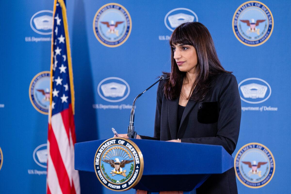 Deputy Pentagon Press Secretary Sabrina Singh speaks during an on-camera press briefing at the Pentagon in Washington, D.C., on April 3, 2023. (U.S. Air Force Tech. Sgt. Jack Sanders/U.S. Department of Defense)