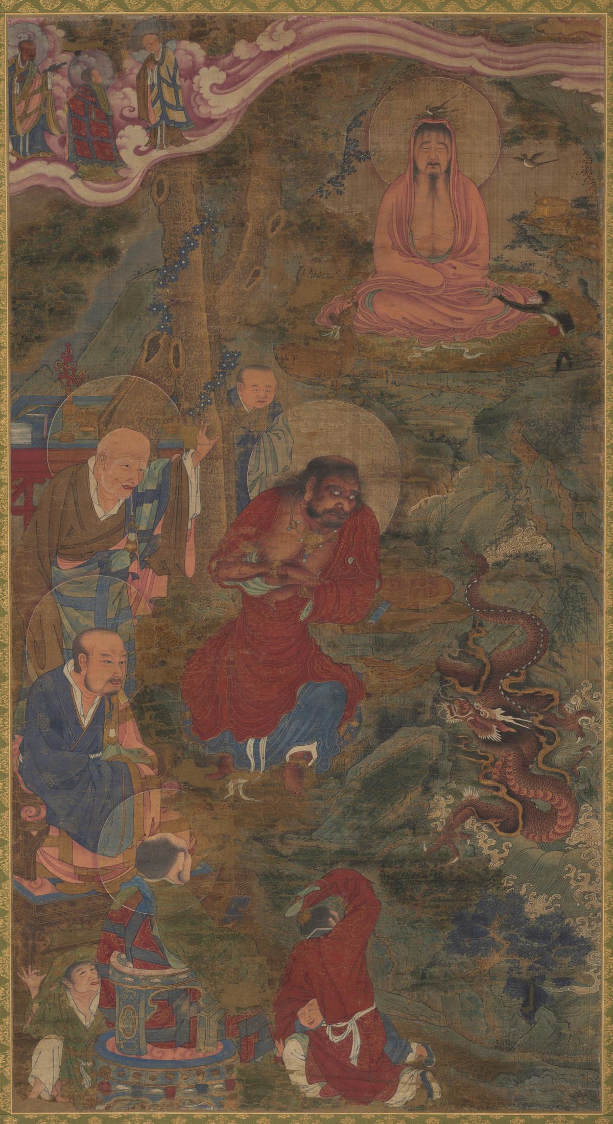 Buddhist disciples grouped around a dragon, the symbol of enlightenment, with Buddha Shakyamuni sitting in meditation at the upper right of the hanging scroll. "Miracle of the Dragon," 1600s, by a Ming dynasty artist. Hanging scroll, ink, color, and gold on silk. Cleveland Museum of Art. (Public Domain)